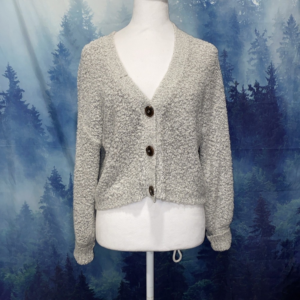 Hooked Up Women Beige Pointelle Front Button Front Cardigan Sweater Large